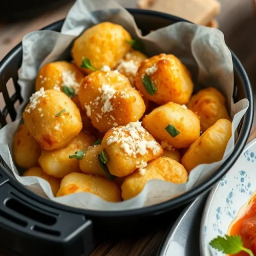 Crispy golden gnocchi in an air fryer basket, beautifully plated with fresh herbs, parmesan cheese, and served with tomato sa
