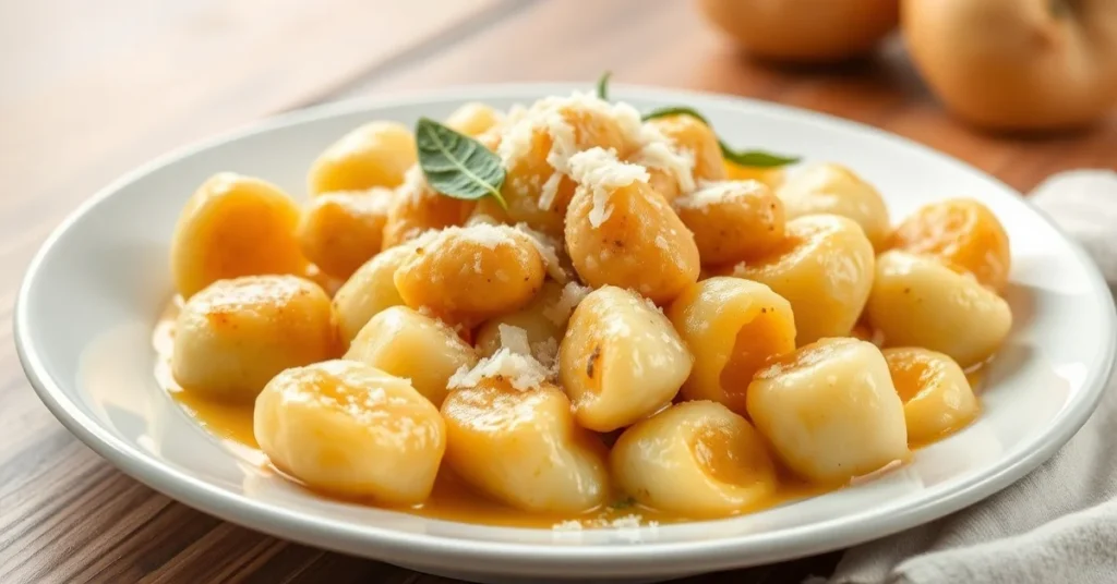 Delicious homemade potato gnocchi served on white plate with butter sage sauce, fresh parmesan cheese, soft lighting, profess