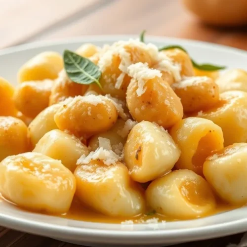 Delicious homemade potato gnocchi served on white plate with butter sage sauce, fresh parmesan cheese, soft lighting, profess