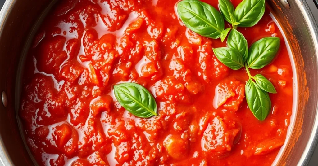 Delicious homemade tomato sauce in a pot with fresh basil, garlic, and ripe tomatoes, Italian style cooking, vibrant red sauc