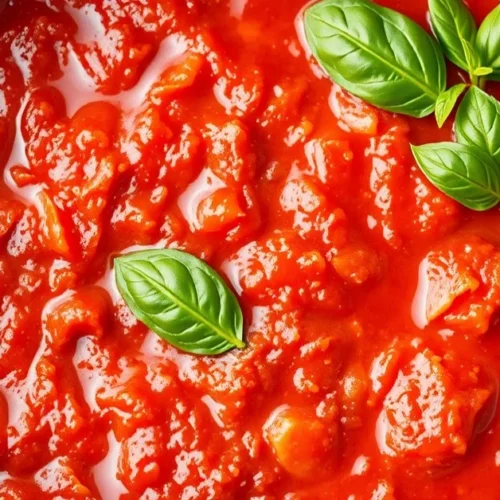 Delicious homemade tomato sauce in a pot with fresh basil, garlic, and ripe tomatoes, Italian style cooking, vibrant red sauc