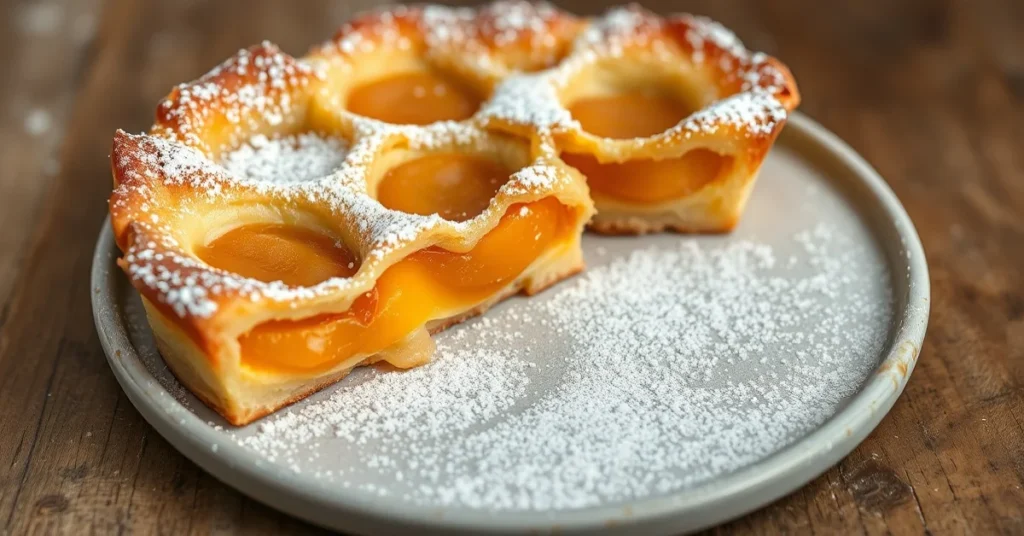 Delicious vegan apricot clafoutis golden brown freshly baked, dusted with powdered sugar, rustic French dessert photography,