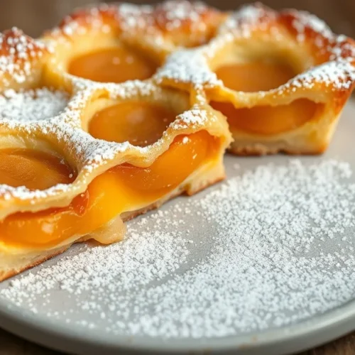Delicious vegan apricot clafoutis golden brown freshly baked, dusted with powdered sugar, rustic French dessert photography,