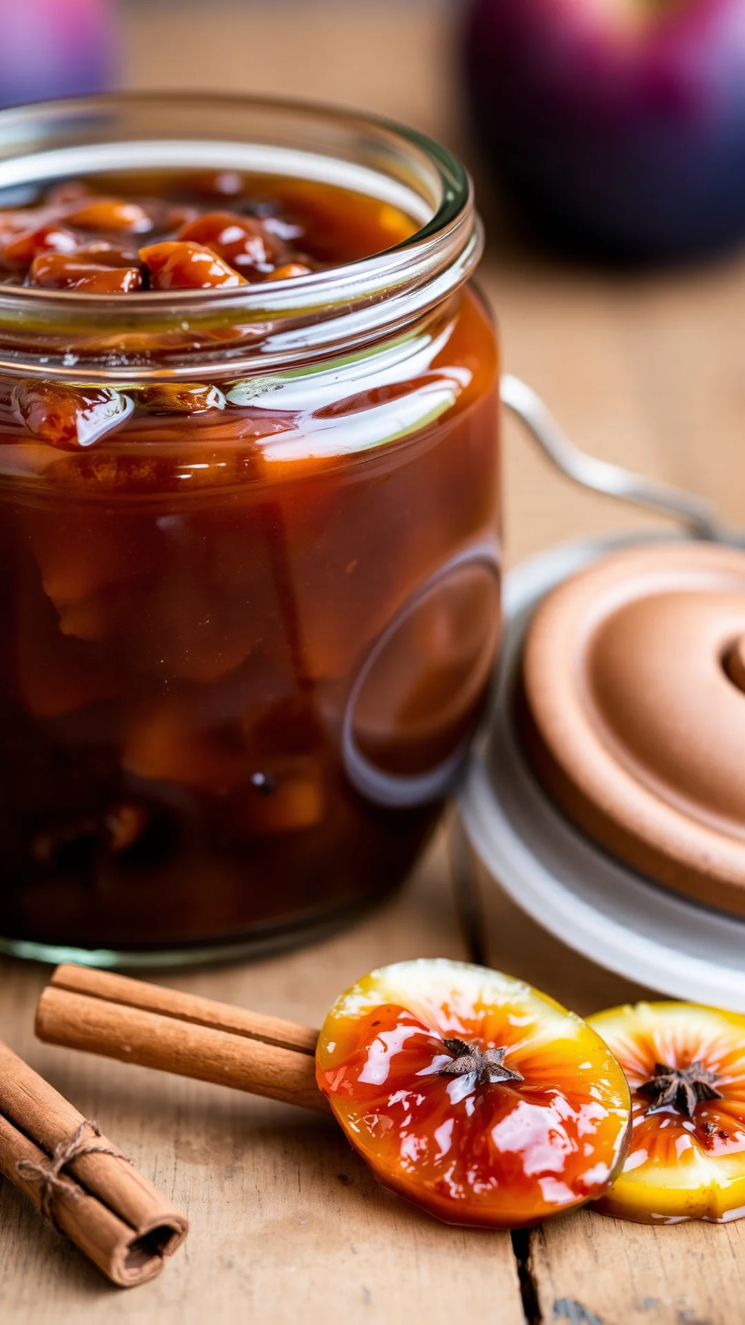 Detailed shot of spiced fig apple jam with cinnamon sticks, cloves, dark golden color, gourmet preserve, rustic pottery jar,