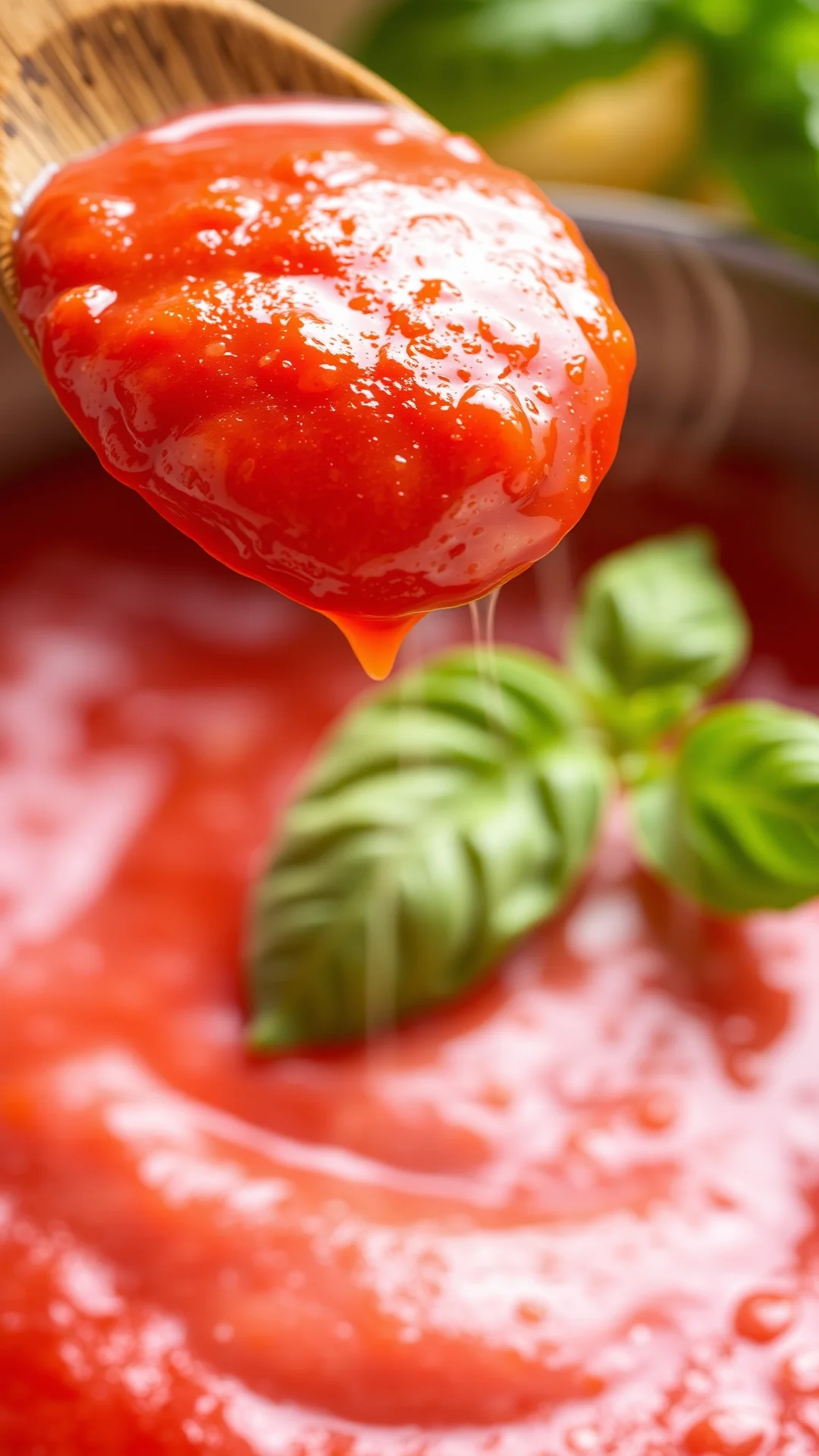 Extreme close-up macro photography of thick homemade tomato sauce coating a wooden spoon, rich red color, fresh basil leaf ga