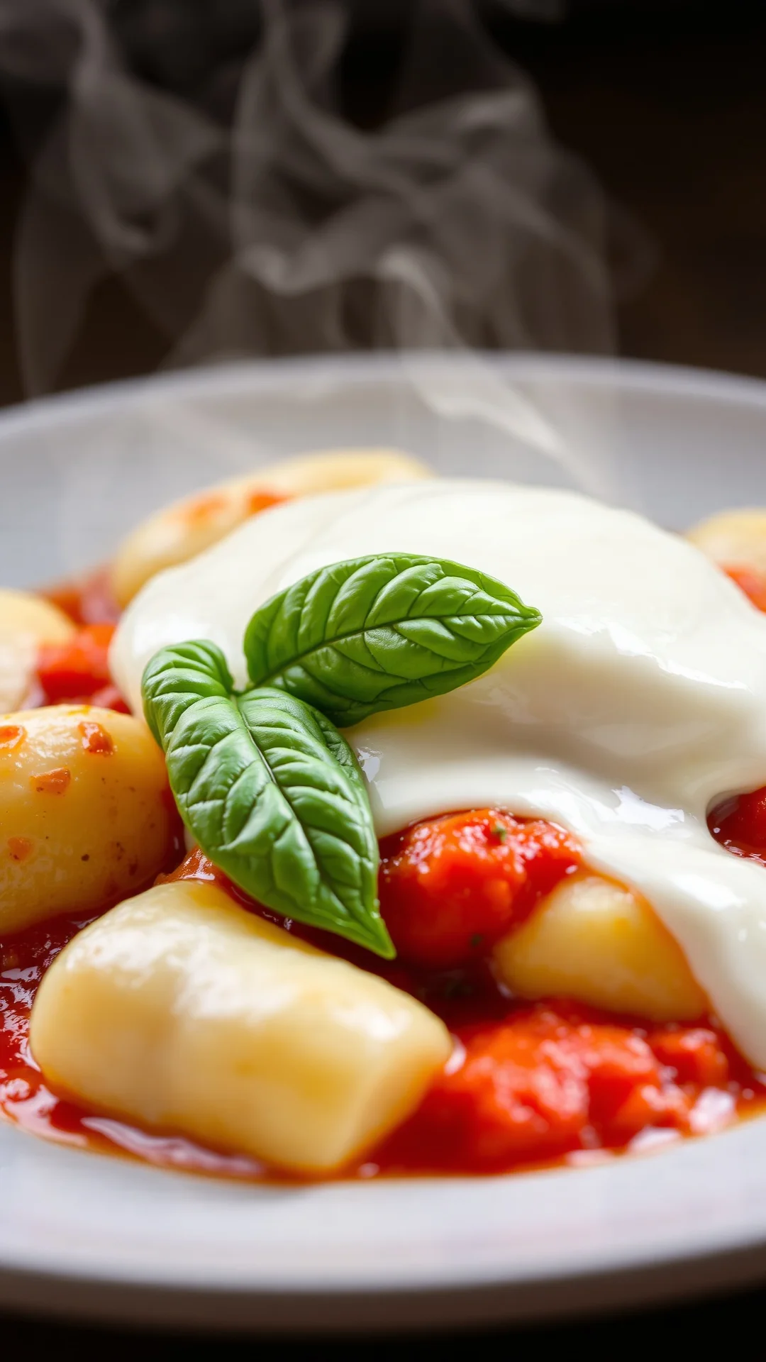 Extreme close-up of creamy mozzarella melting over hot gnocchi with red tomato sauce and green basil leaf, steam rising, food