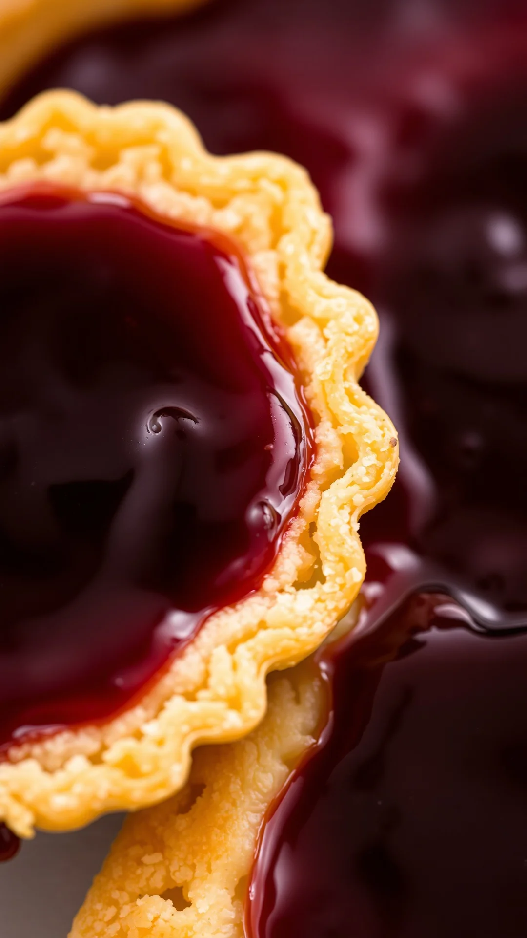 Extreme close-up of fig jam tart slice, glossy dark red jam, golden pastry crust, soft focus, professional food photography,