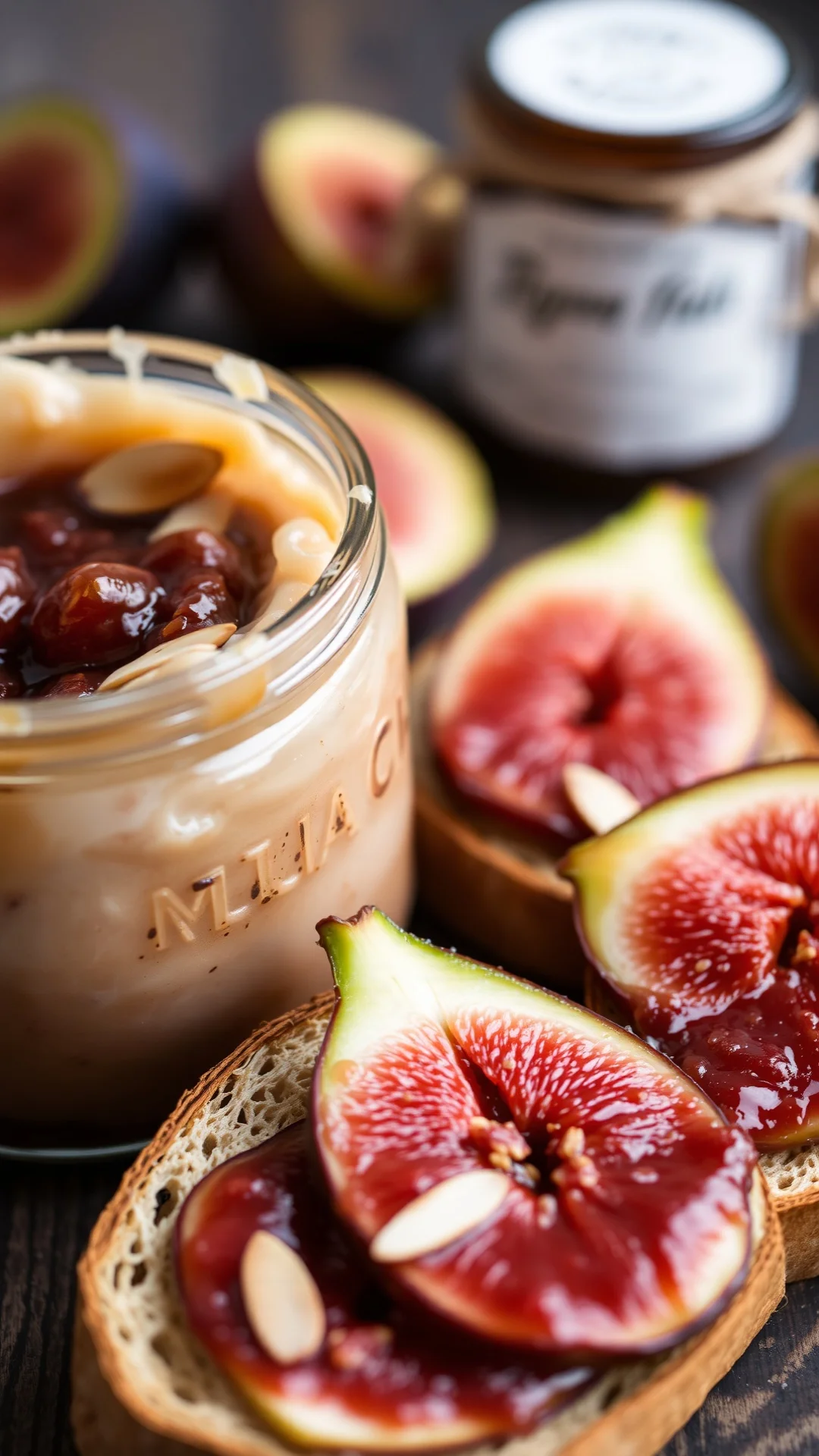 Fig and almond jam texture detail, creamy spread with almond slivers, rustic jar, beautiful plating on toast, macro food phot