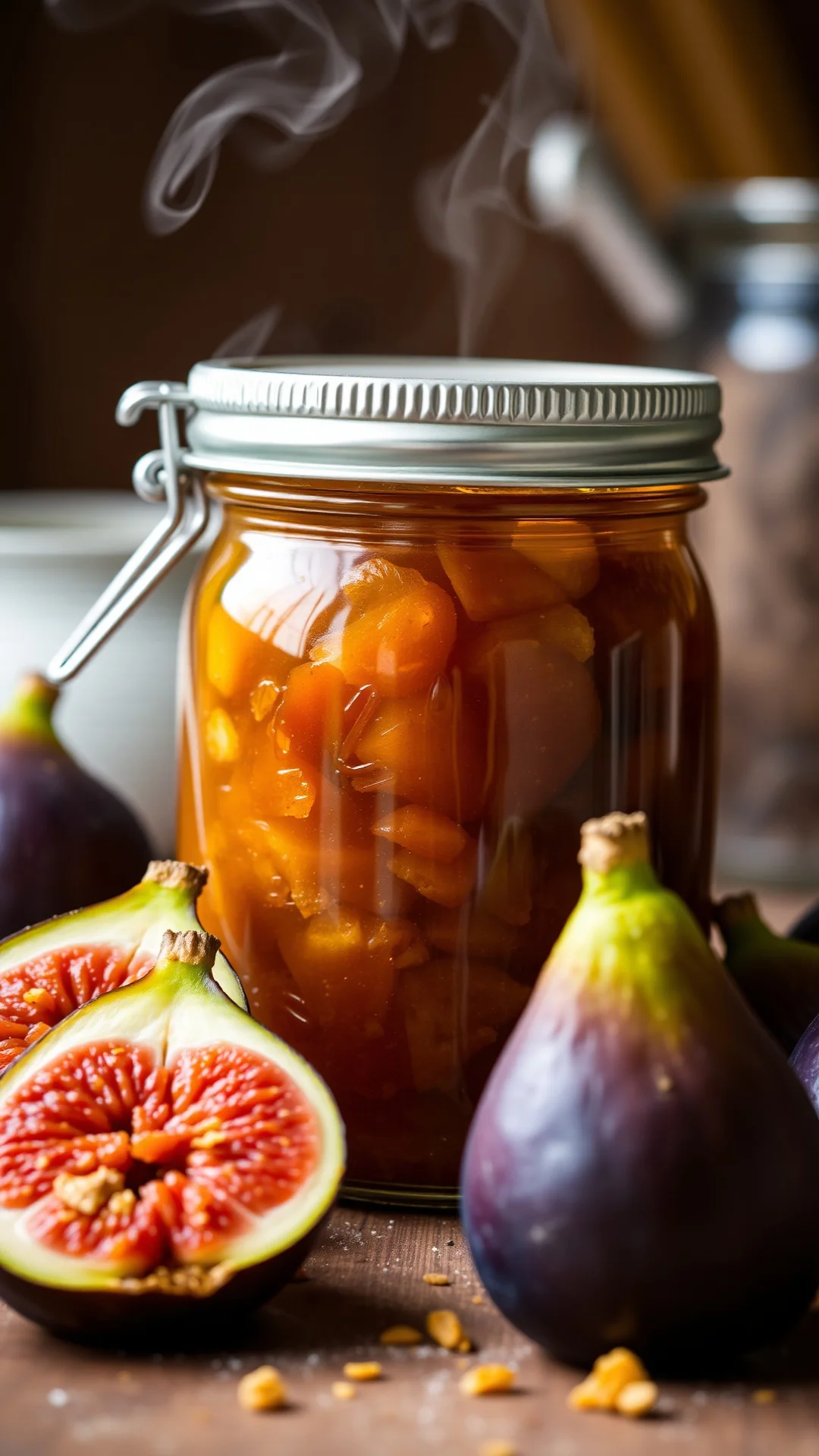 Fig and ginger jam spiced appearance, ginger pieces visible, golden-brown color, artisanal jar, steam wisps, cozy kitchen set