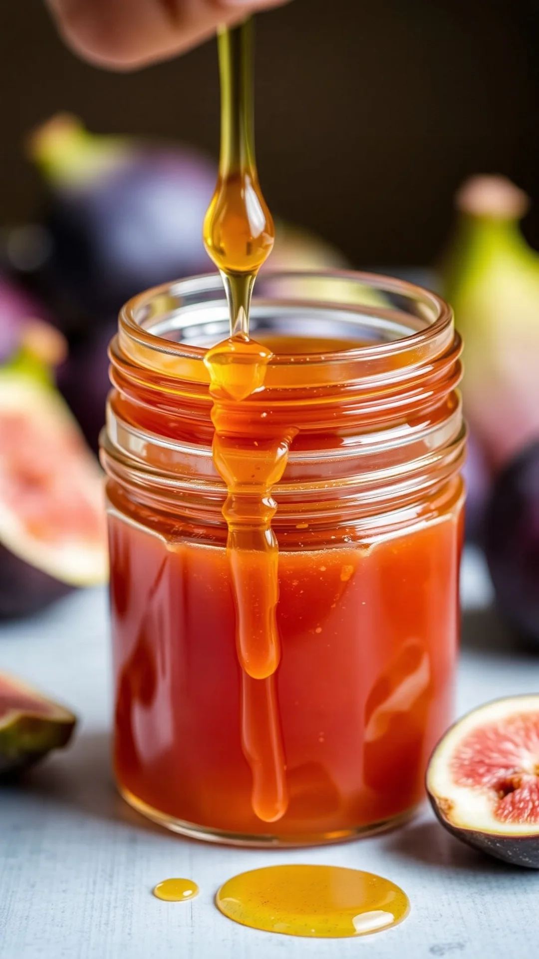 Fig and honey jam jar with honey drizzle, warm amber color, figs in background, artisan homemade preserve, natural lighting,