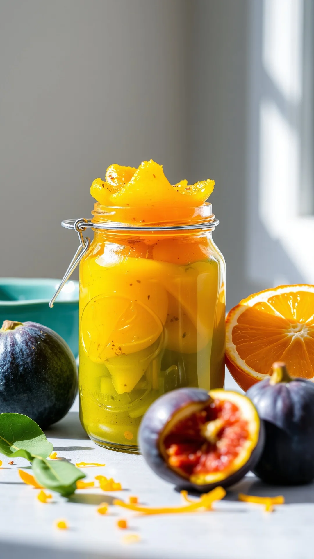 Fig and orange confiture, vibrant green and orange colors, jar with fresh oranges, citrus zest visible, bright natural light