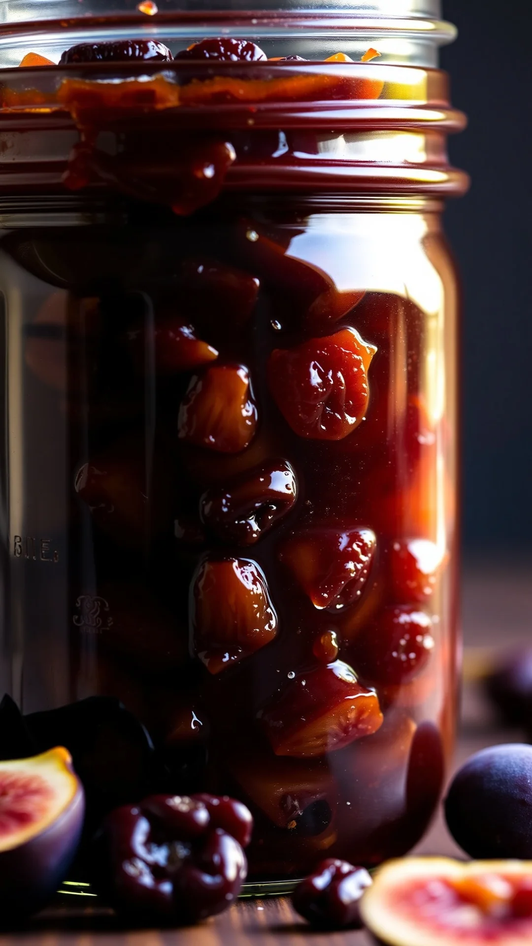 Fig and raisin jam rich dark tones, chunky texture with dried fruit, homemade preserve in mason jar, warm lighting, gourmet f