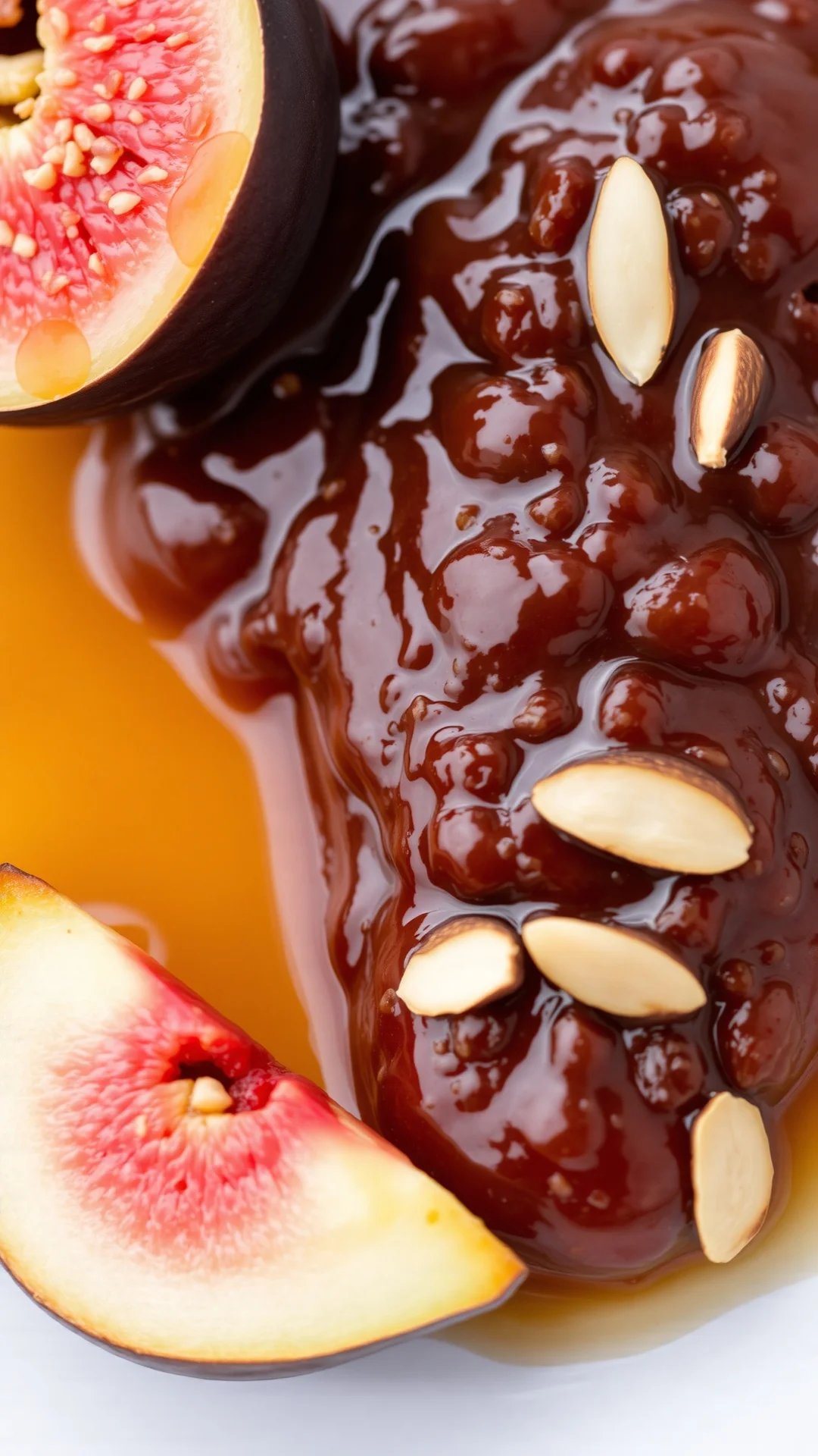 Fig jam with sliced almonds, honey drizzle, nutty texture, warm amber color, toasted almonds garnish, artisanal feel