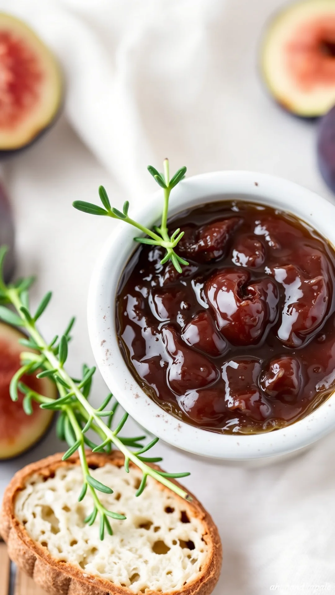 Fig jam with thyme herb, creamy texture, fresh thyme garnish, soft white pottery jar, artisanal homemade appearance