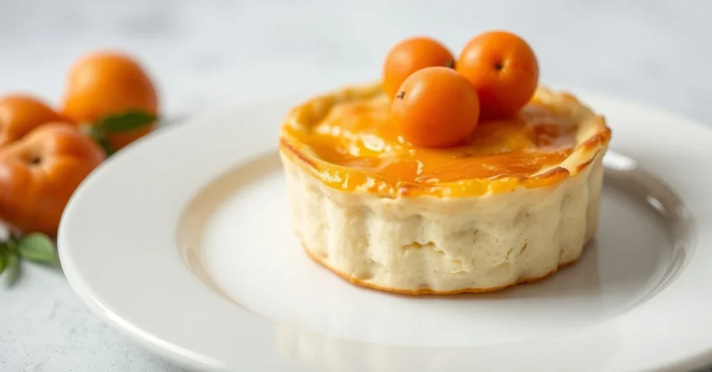 Fresh apricot light clafoutis on white plate, golden top, garnished with fresh apricots, studio lighting, shallow depth of fi