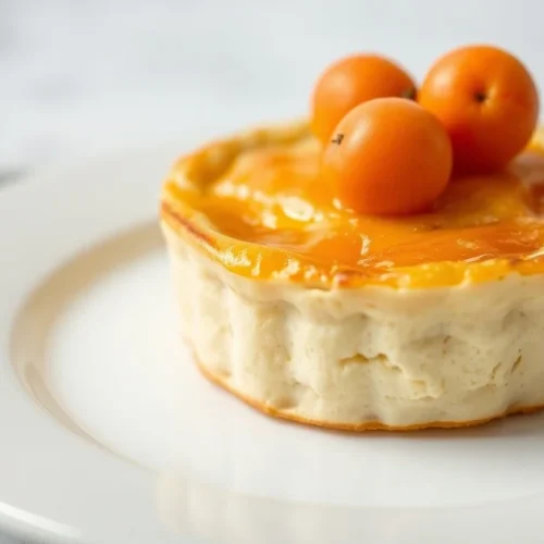 Fresh apricot light clafoutis on white plate, golden top, garnished with fresh apricots, studio lighting, shallow depth of fi