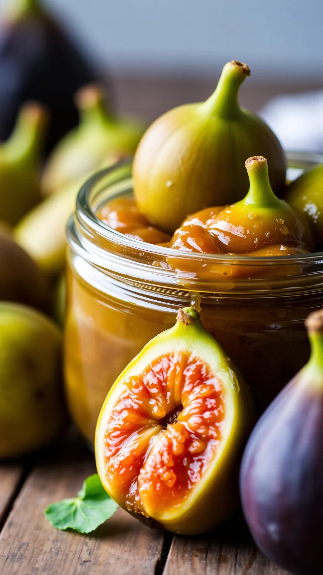 Fresh green figs confiture close-up, homemade jam in glass jar, natural lighting, rustic wooden table, artisanal presentation