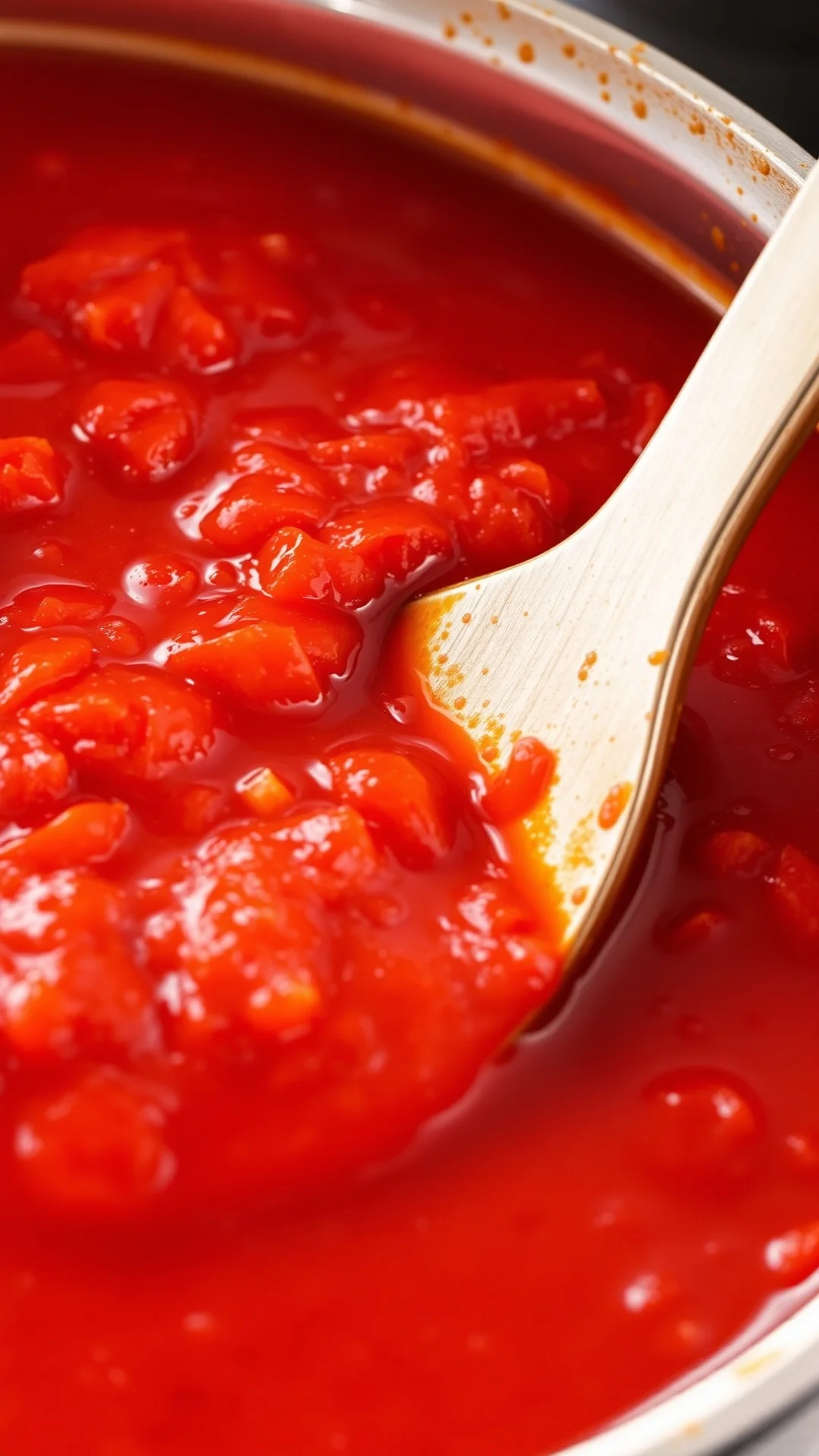 Fresh homemade simple tomato sauce simmering in pan, vibrant red color, olive oil glistening, close-up food photography, warm