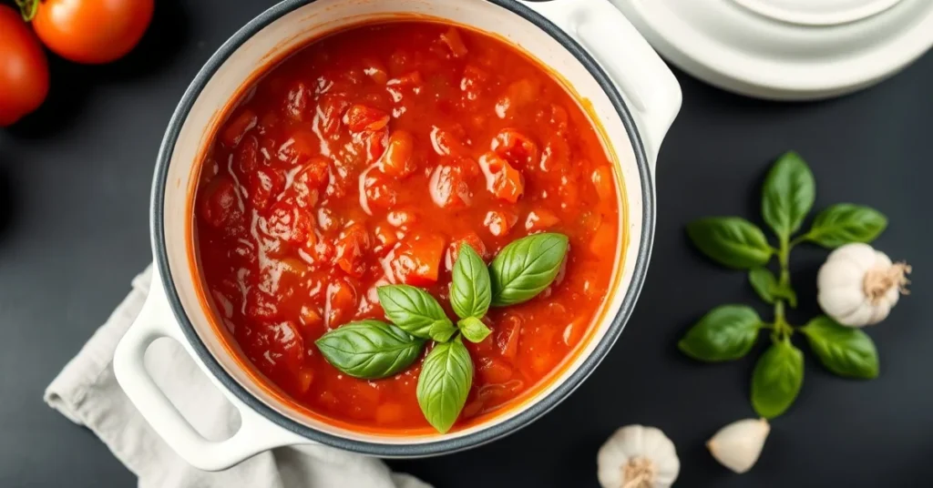 Fresh homemade tomato sauce in a white ceramic pot with fresh basil leaves, olive oil drizzle, garlic cloves scattered on dar