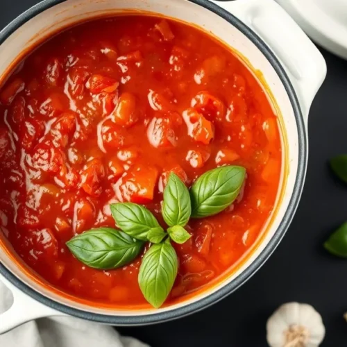 Fresh homemade tomato sauce in a white ceramic pot with fresh basil leaves, olive oil drizzle, garlic cloves scattered on dar