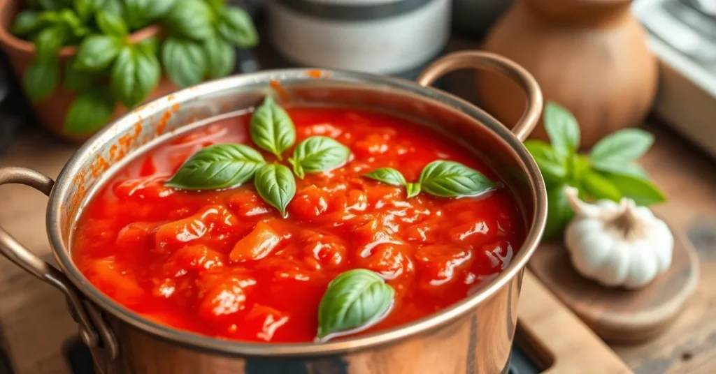 Fresh homemade tomato sauce simmering in copper pot, vibrant red color, basil leaves, garlic cloves, rustic kitchen setting,