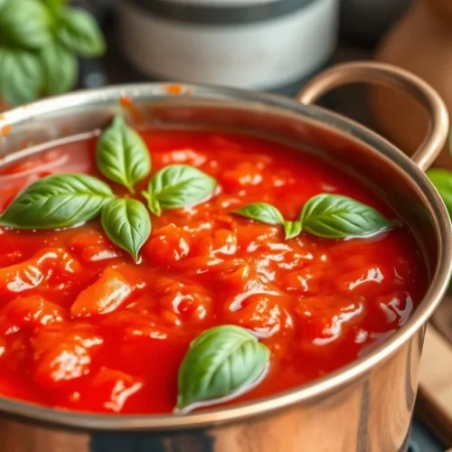 Fresh homemade tomato sauce simmering in copper pot, vibrant red color, basil leaves, garlic cloves, rustic kitchen setting,