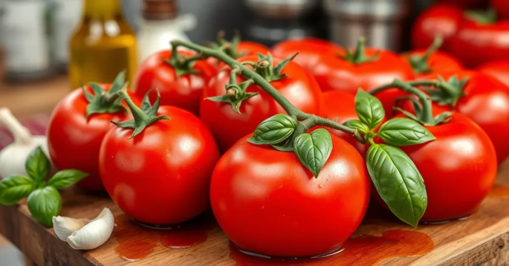 Fresh homemade tomato sauce with vibrant red ripe tomatoes, fresh basil, garlic, olive oil in rustic kitchen setting, profess