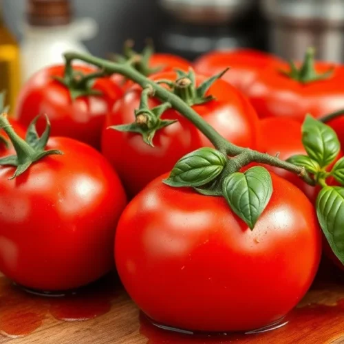 Fresh homemade tomato sauce with vibrant red ripe tomatoes, fresh basil, garlic, olive oil in rustic kitchen setting, profess