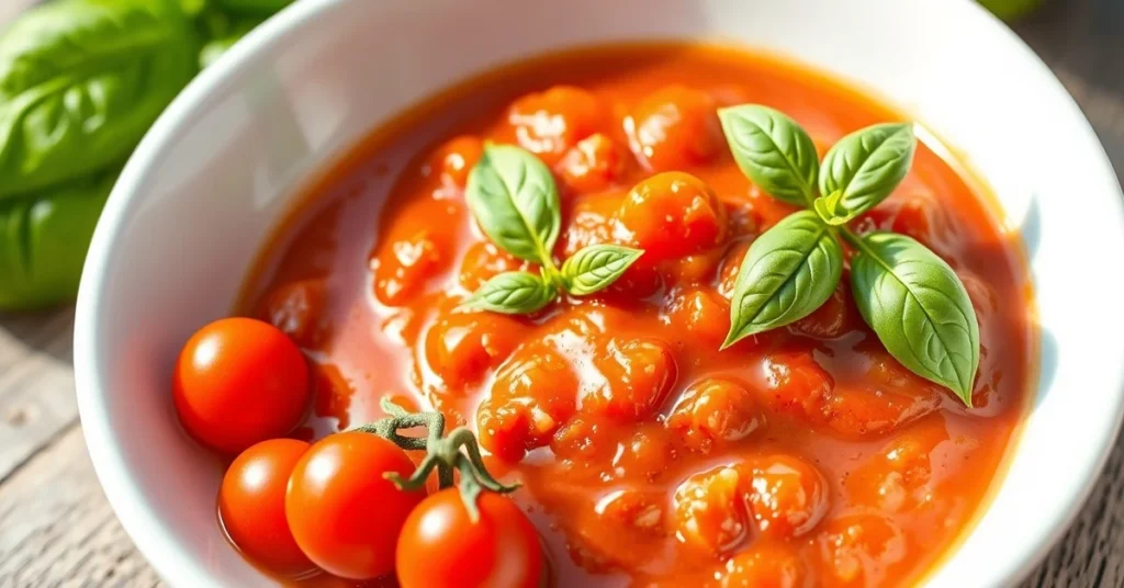 Fresh homemade tomato sauce without cooking in a white bowl, cherry tomatoes, basil leaves, olive oil, vibrant colors, natura