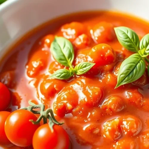 Fresh homemade tomato sauce without cooking in a white bowl, cherry tomatoes, basil leaves, olive oil, vibrant colors, natura