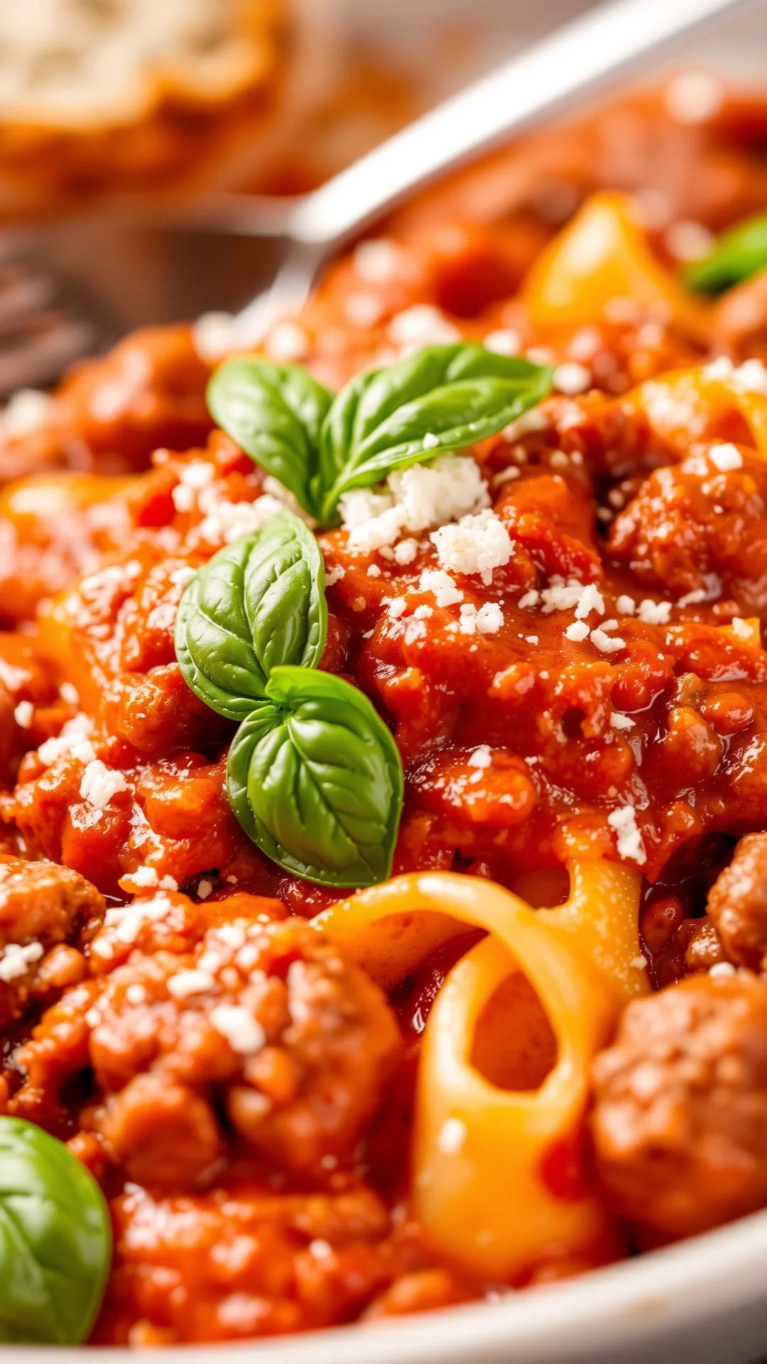 Gnocchi Bolognese with meat sauce, parmesan cheese, fresh basil, close-up food photography, warm lighting, Italian restaurant
