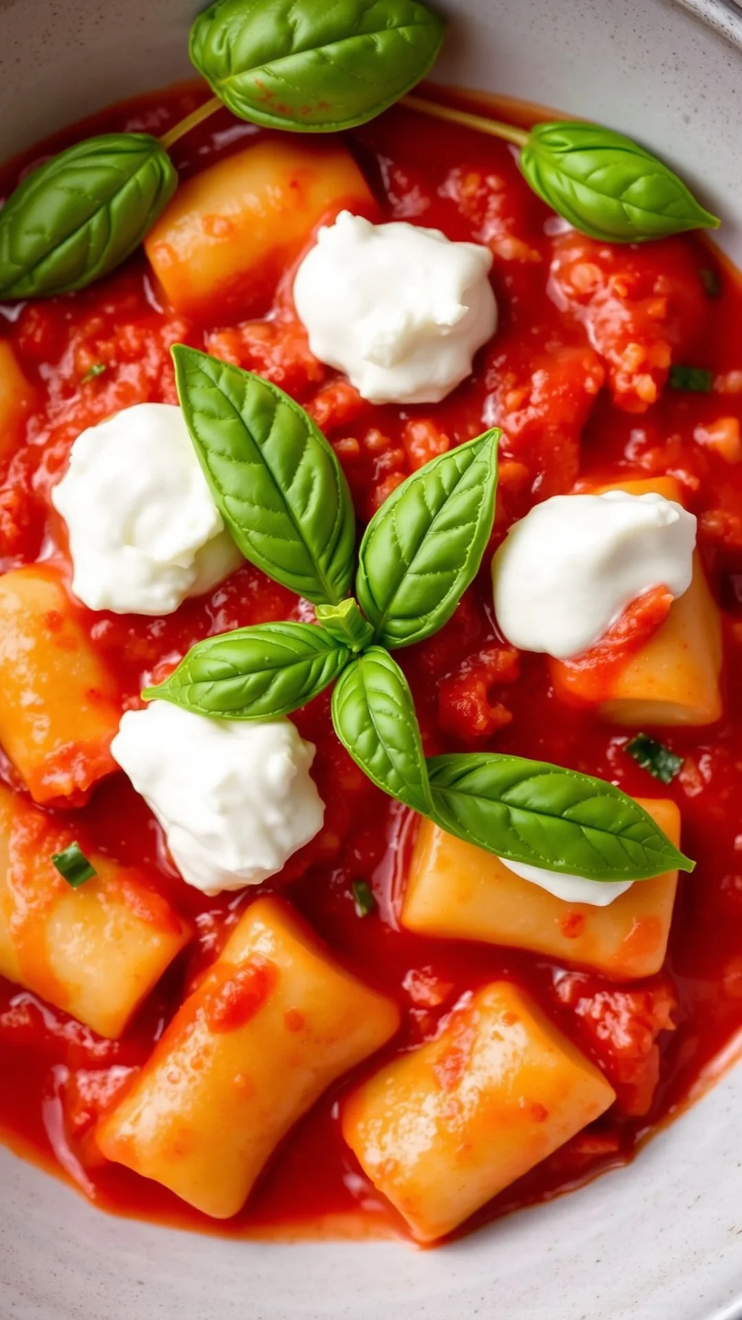 Gnocchi in tomato sauce with dollops of creamy ricotta, fresh basil leaves on top, Italian cuisine, vibrant red and white col