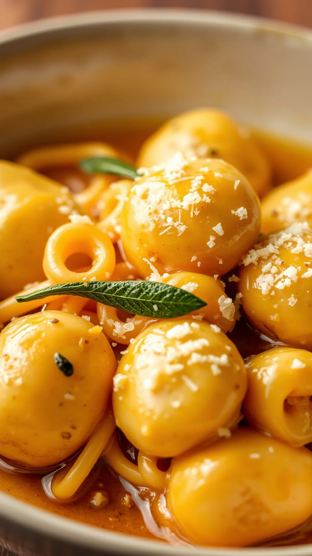 Gnocchi with brown butter and sage sauce, parmesan cheese, close-up macro shot, professional food styling, warm golden lighti