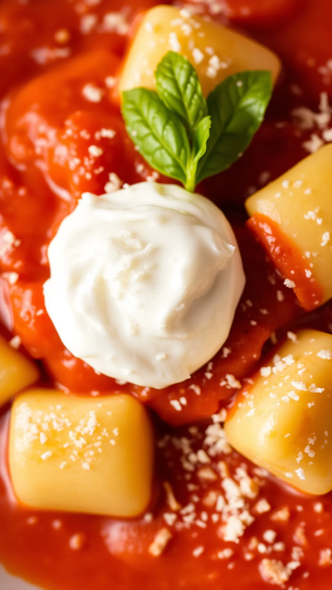 Gnocchi with tomato sauce and fresh ricotta dollop, parmesan cheese sprinkled, closeup macro food photography, Italian style