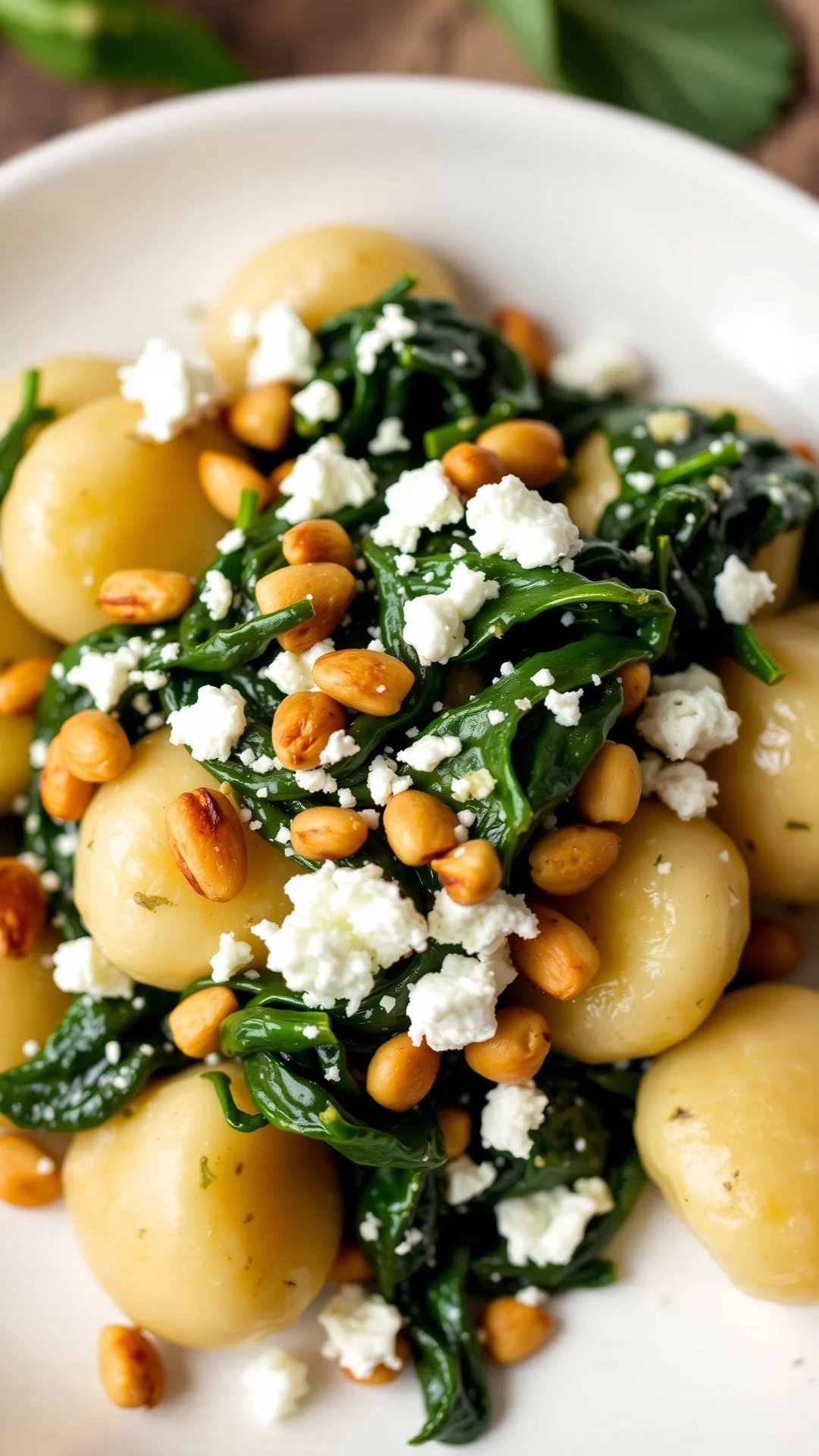 Gnocchi with wilted spinach and crumbled feta cheese, golden toasted pine nuts scattered across, Mediterranean flavors, appet