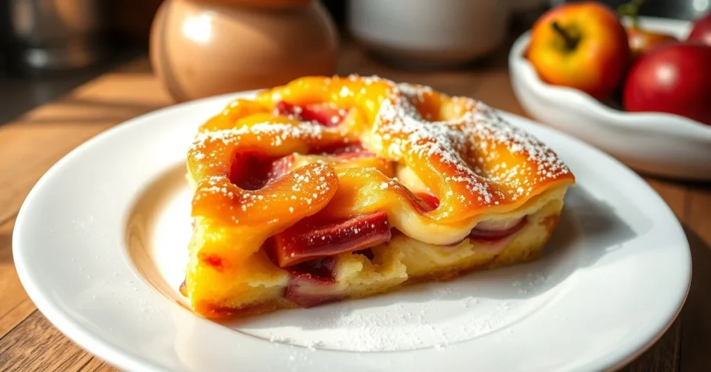 Golden apricot and rhubarb clafoutis on a white plate, garnished with vanilla sugar, natural daylight, cozy kitchen setting,