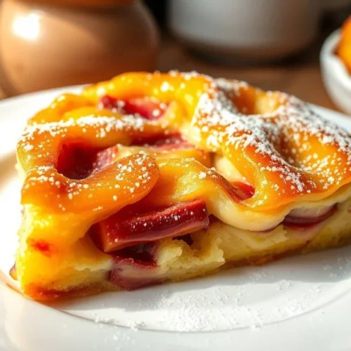 Golden apricot and rhubarb clafoutis on a white plate, garnished with vanilla sugar, natural daylight, cozy kitchen setting,