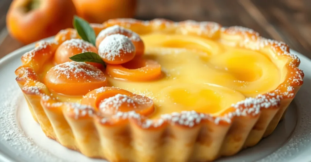 Golden apricot clafoutis flan with perfectly baked custard surface, fresh apricots arranged decoratively, dusted with powdere