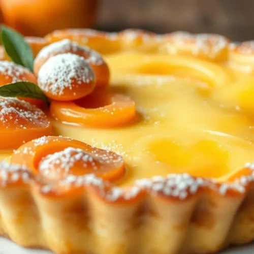 Golden apricot clafoutis flan with perfectly baked custard surface, fresh apricots arranged decoratively, dusted with powdere