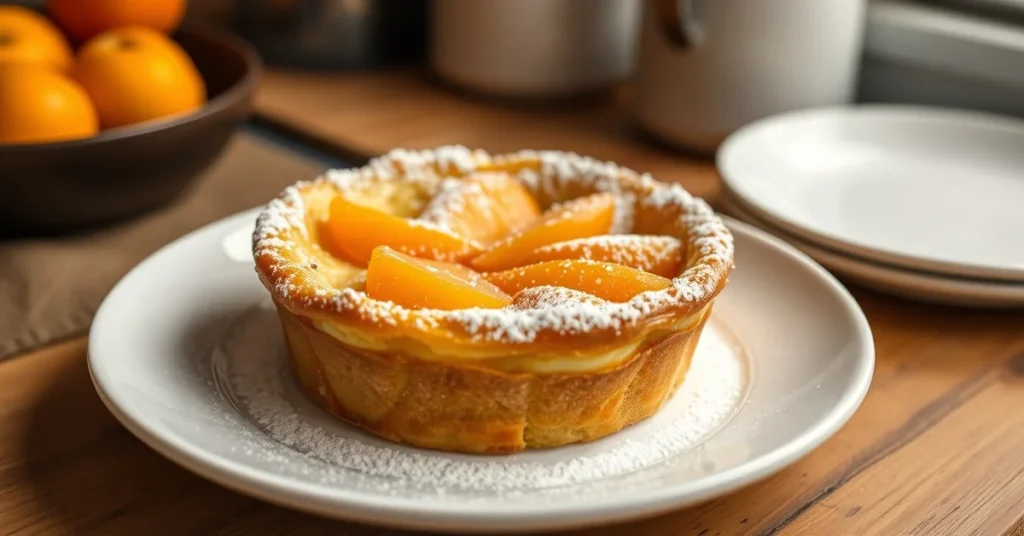 Golden apricot clafoutis fresh from oven, dusted with powdered sugar, rustic plating on white plate, warm kitchen lighting, p