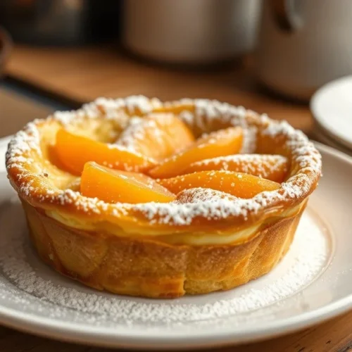 Golden apricot clafoutis fresh from oven, dusted with powdered sugar, rustic plating on white plate, warm kitchen lighting, p