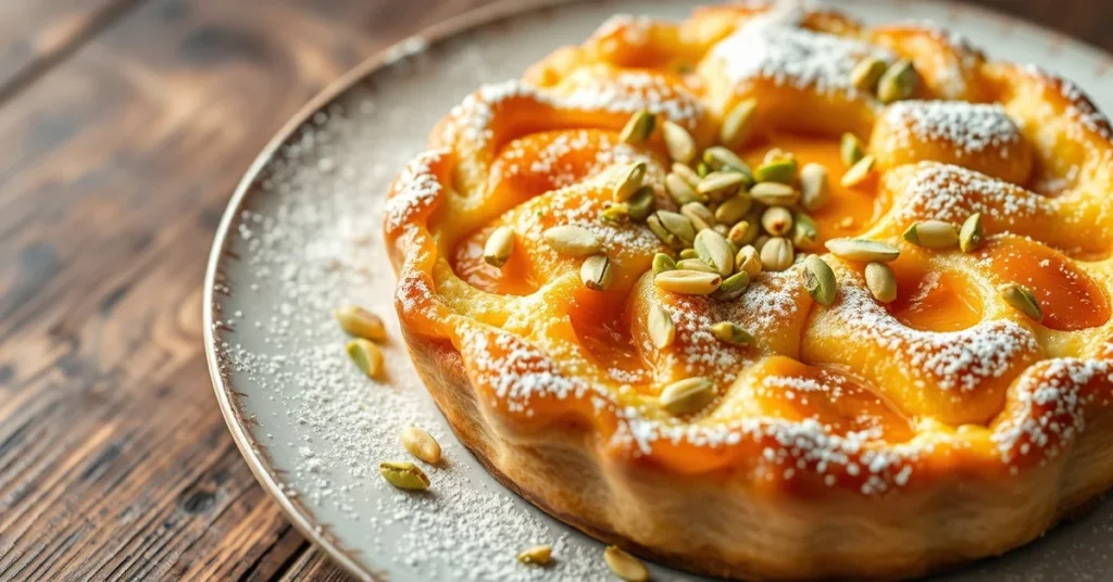 Golden apricot pistachio clafoutis fresh baked garnished with crushed pistachios and dusted powdered sugar rustic French dess