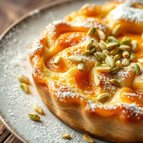 Golden apricot pistachio clafoutis fresh baked garnished with crushed pistachios and dusted powdered sugar rustic French dess