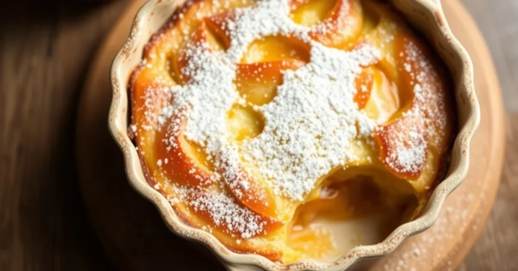 Golden baked apricot almond clafoutis in ceramic dish, dusted with powdered sugar, rustic French dessert, golden brown top, b