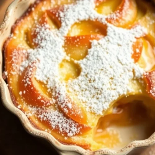 Golden baked apricot almond clafoutis in ceramic dish, dusted with powdered sugar, rustic French dessert, golden brown top, b