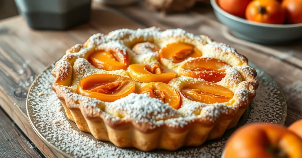 Golden baked apricot clafoutis fresh from oven, dusted with powdered sugar, rustic kitchen table setting, shallow depth of fi