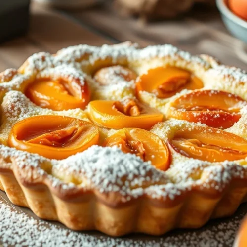 Golden baked apricot clafoutis fresh from oven, dusted with powdered sugar, rustic kitchen table setting, shallow depth of fi