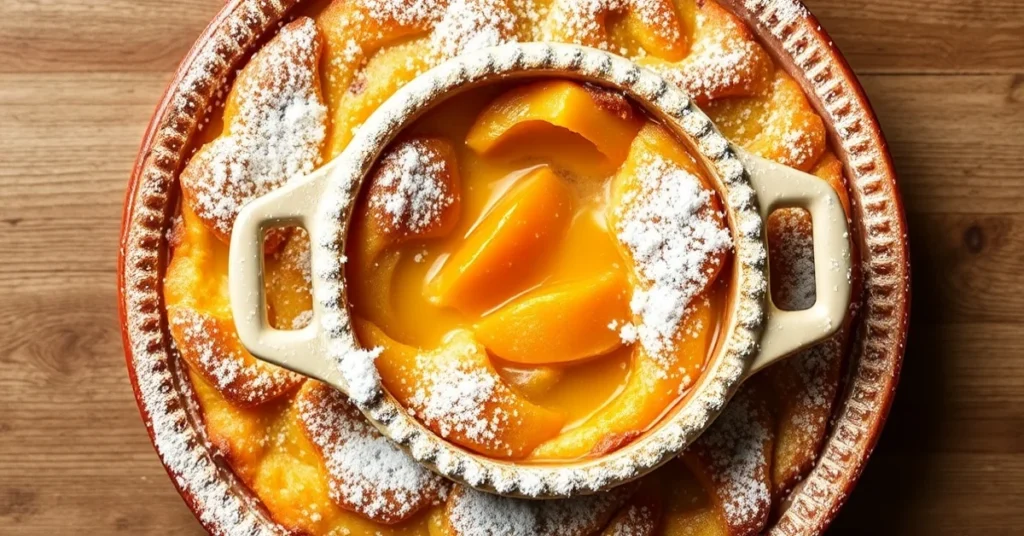 Golden baked apricot clafoutis in ceramic dish, dusted with powdered sugar, traditional French dessert, warm lighting, overhe
