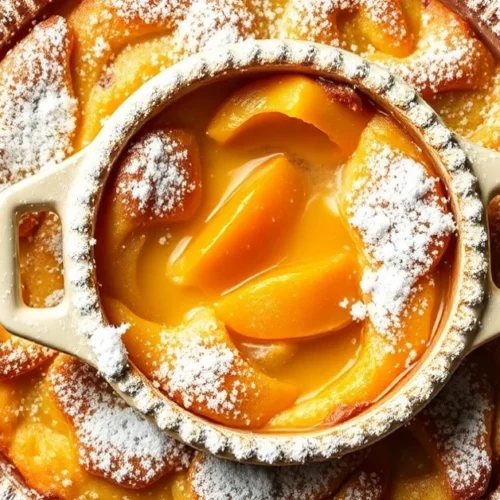 Golden baked apricot clafoutis in ceramic dish, dusted with powdered sugar, traditional French dessert, warm lighting, overhe