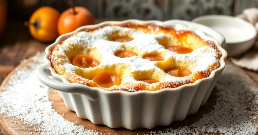Golden baked apricot clafoutis in ceramic dish, dusted with powdered sugar, fresh apricots visible, rustic kitchen background